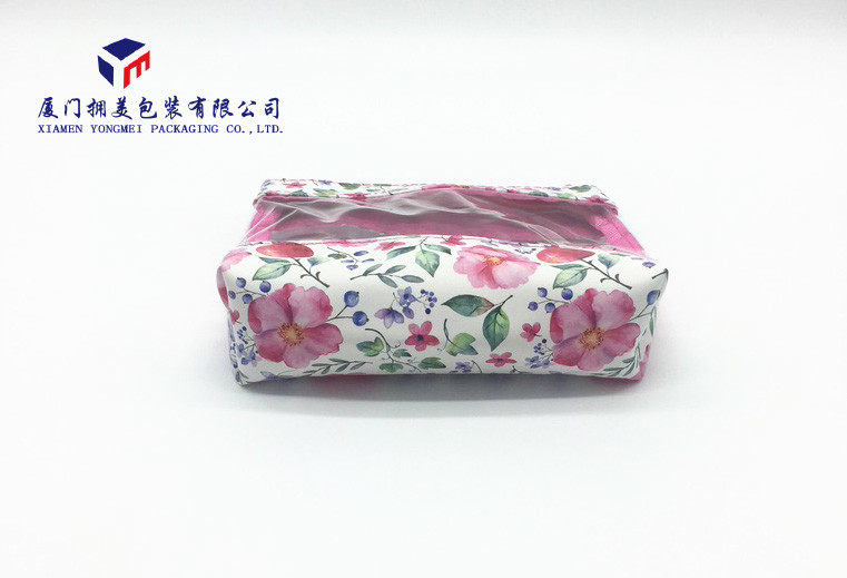 Leather Makeup Bag White PU Leather With Customized Printing Super Clear PVC Window