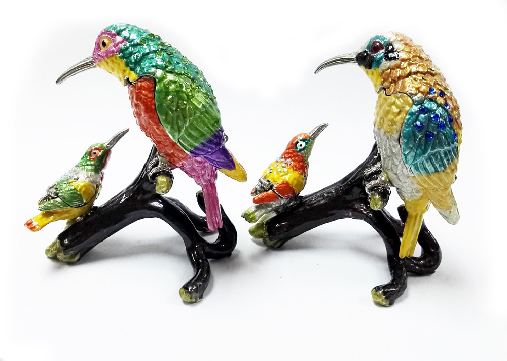 Mum and baby bird metal jewelry box for jewelry wholesales bird jeweled enamel trinket box