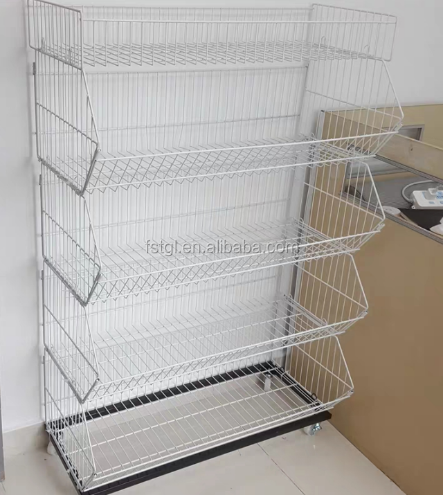 Versatile 5-Tier Metal Wire Basket Stand for Supermarket Snack Display in Metallic