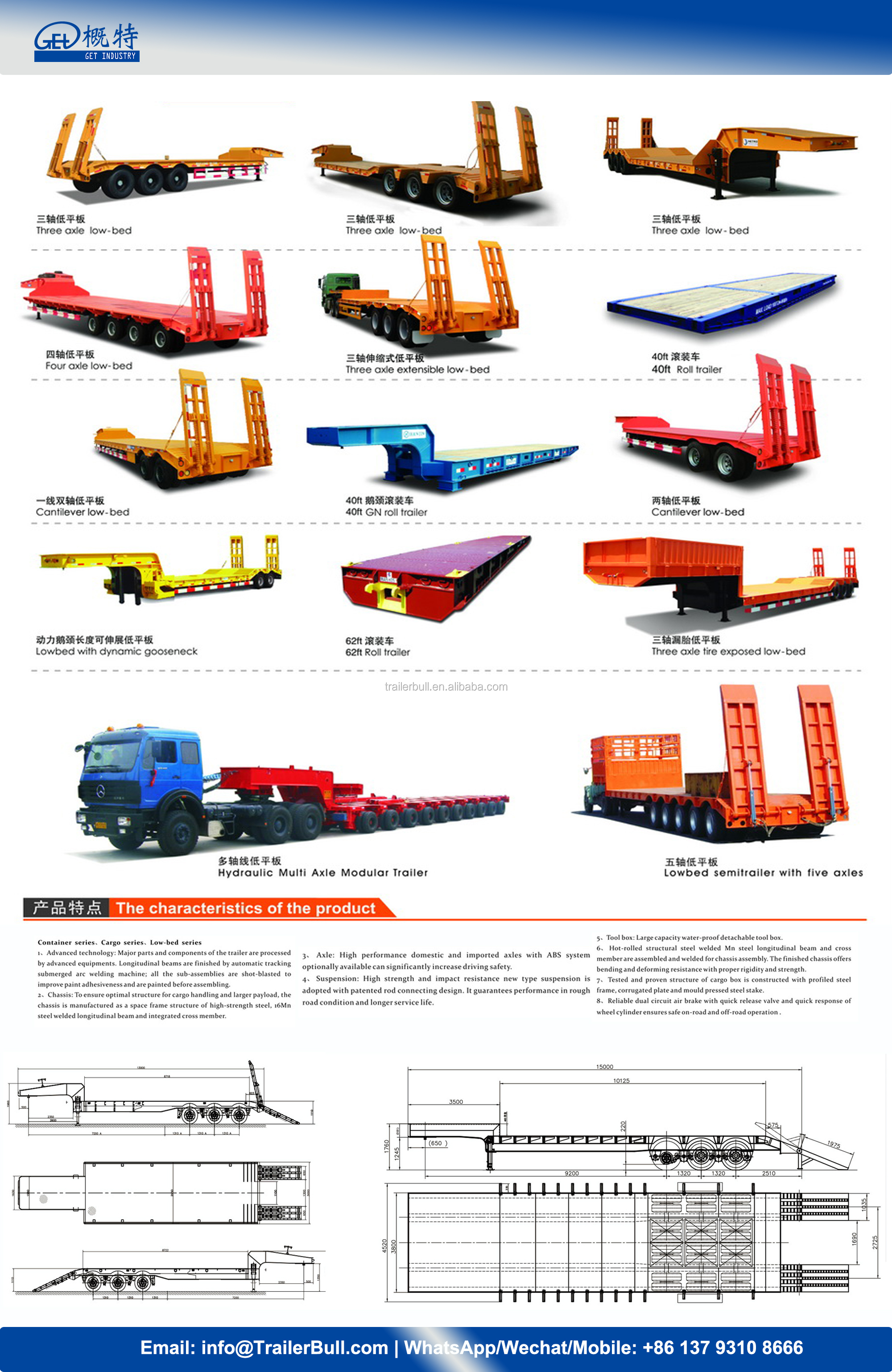 80 Ton Capacity FGN Low Bed Trailers with Wabco Brake System and Loading Deck 596 x 3
