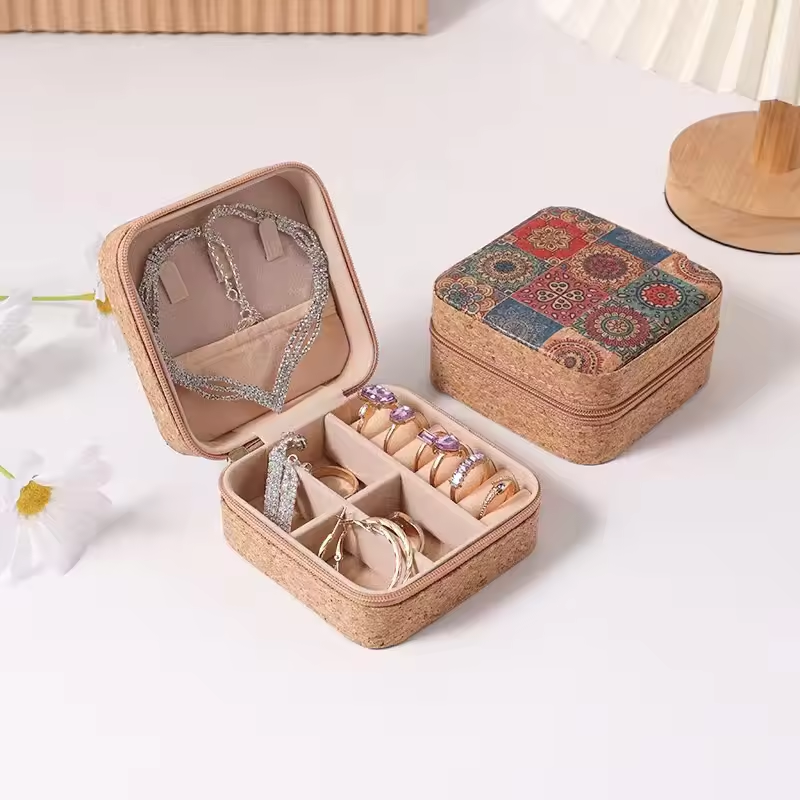 Luxury vintage printed cork jewelry box Portable travel earrings ring necklace storage box