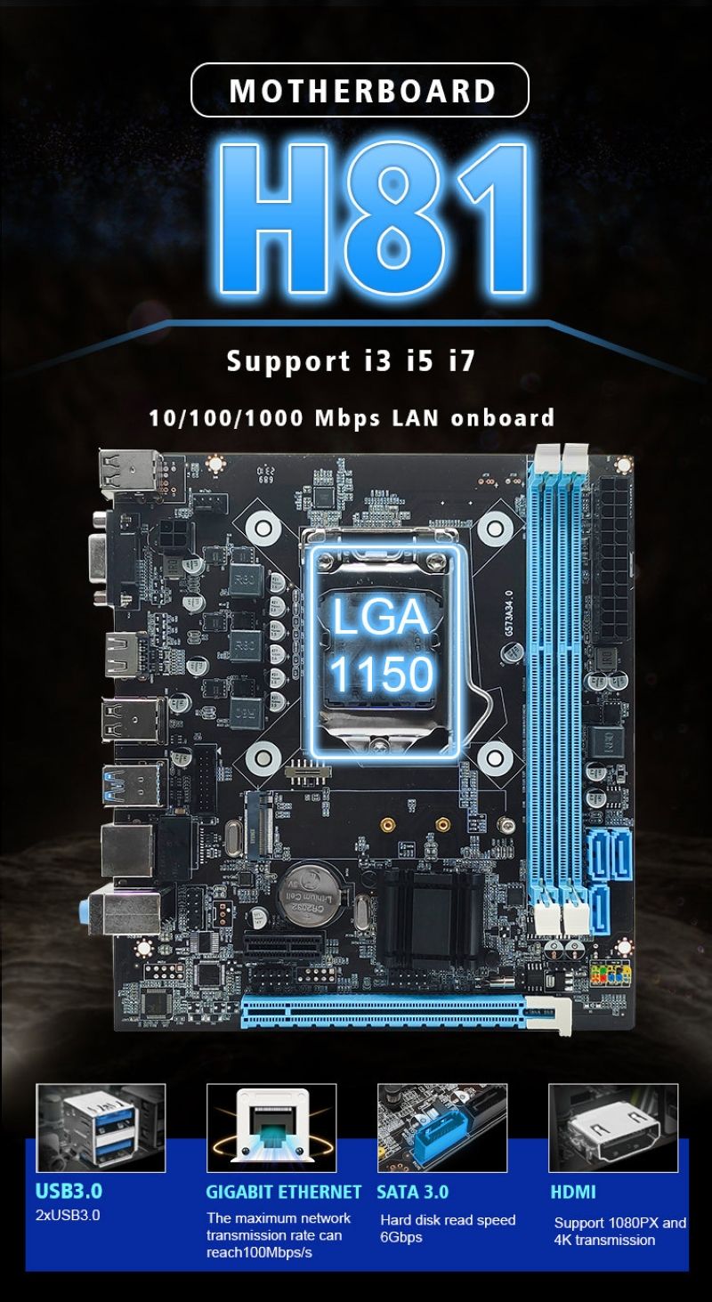 Factory wholesale H81 motherboard with processor i3/i5/i7 LGA1150 16GB M.2 Dual DDR3 PC Mother Boards