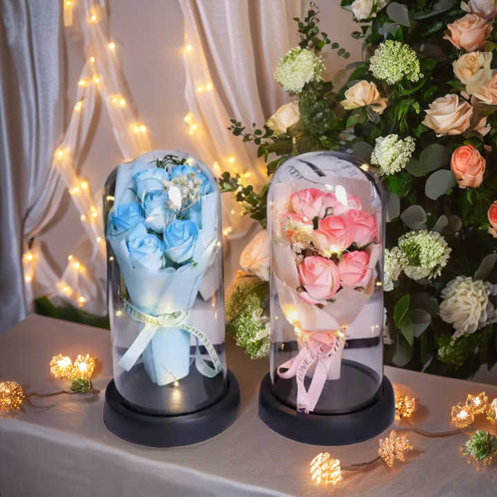 Wholesale Factory Ins Artificial LED Decorative Flowers Birthday Glass Dome Rose Bouquet Valentine's Day Quality Soap Roses