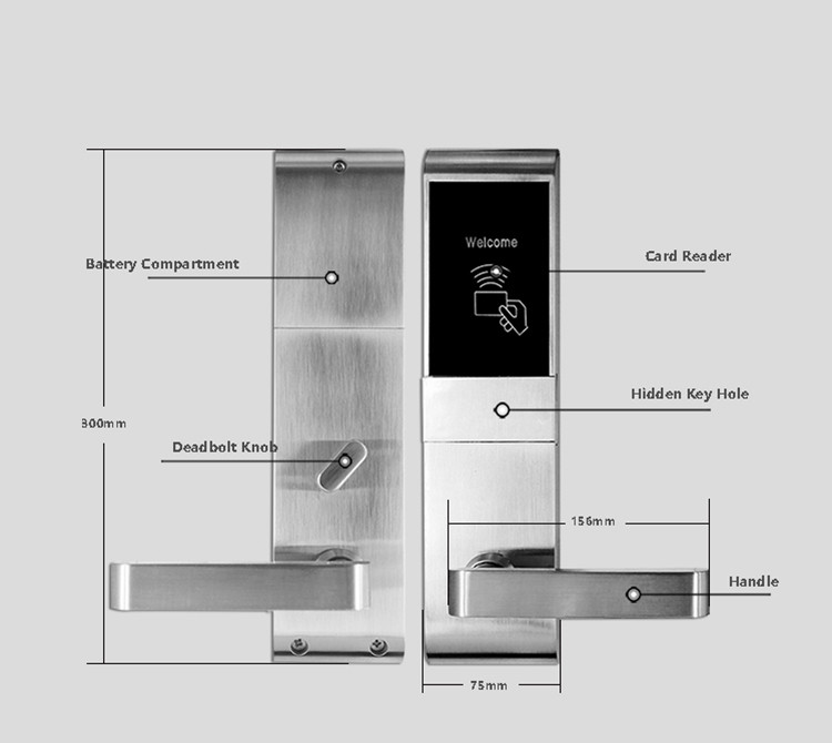 Smart Hotel Aluminium Door Lock 300mm * 75mm 200 Cards Data Capacity