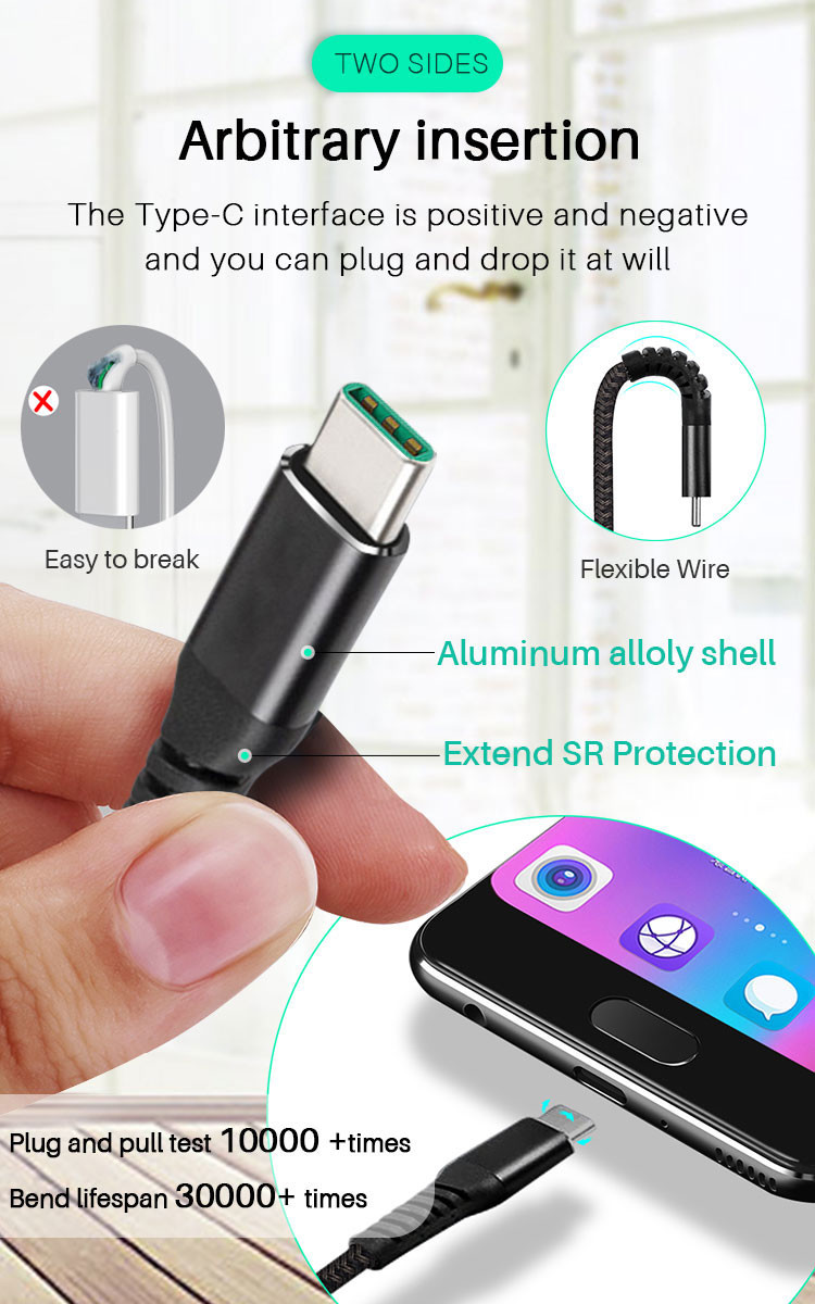 480Mbps Nylon Braided Charging Cable 5A USB C Cable Data Sync