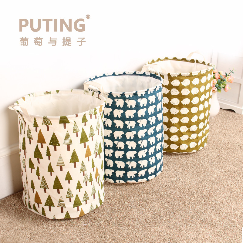 Puting Foldable washing laundry basket toy storage bag cotton lenon customized green gree laundry facility