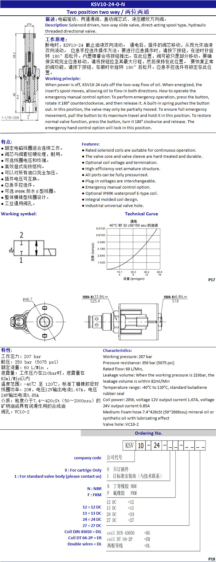 KSV10-23LP-0-N On / Off Control Cartridge Solenoid Valve With Two Way Two Position