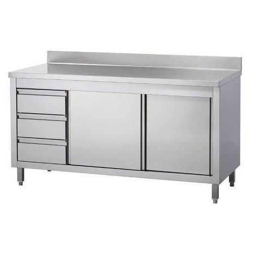 Stainless steel kitchen cabinet, with no sink.