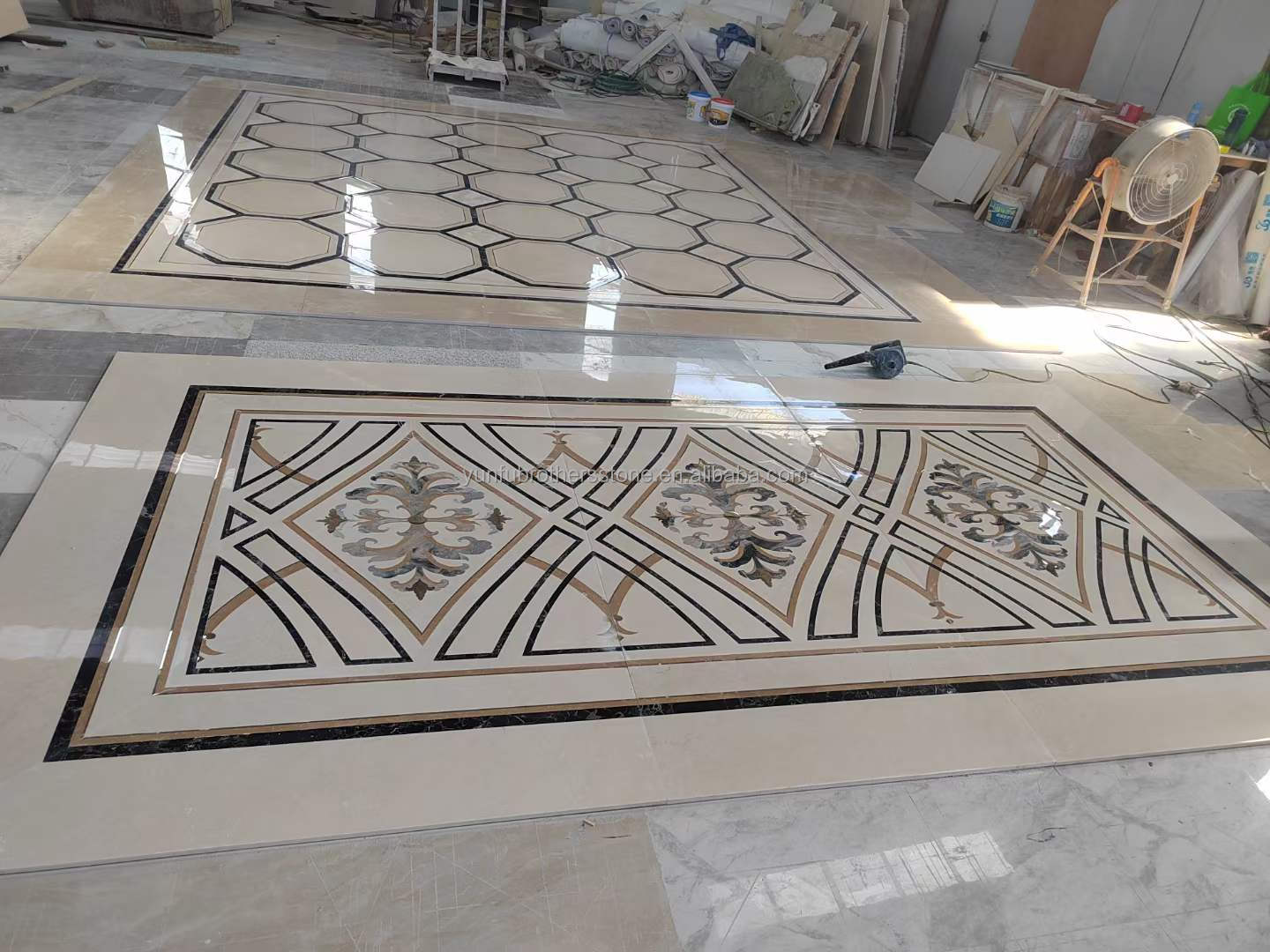 White and Yellow Marble Water Jet Carpet in Modern Design Style for Living Room Villa
