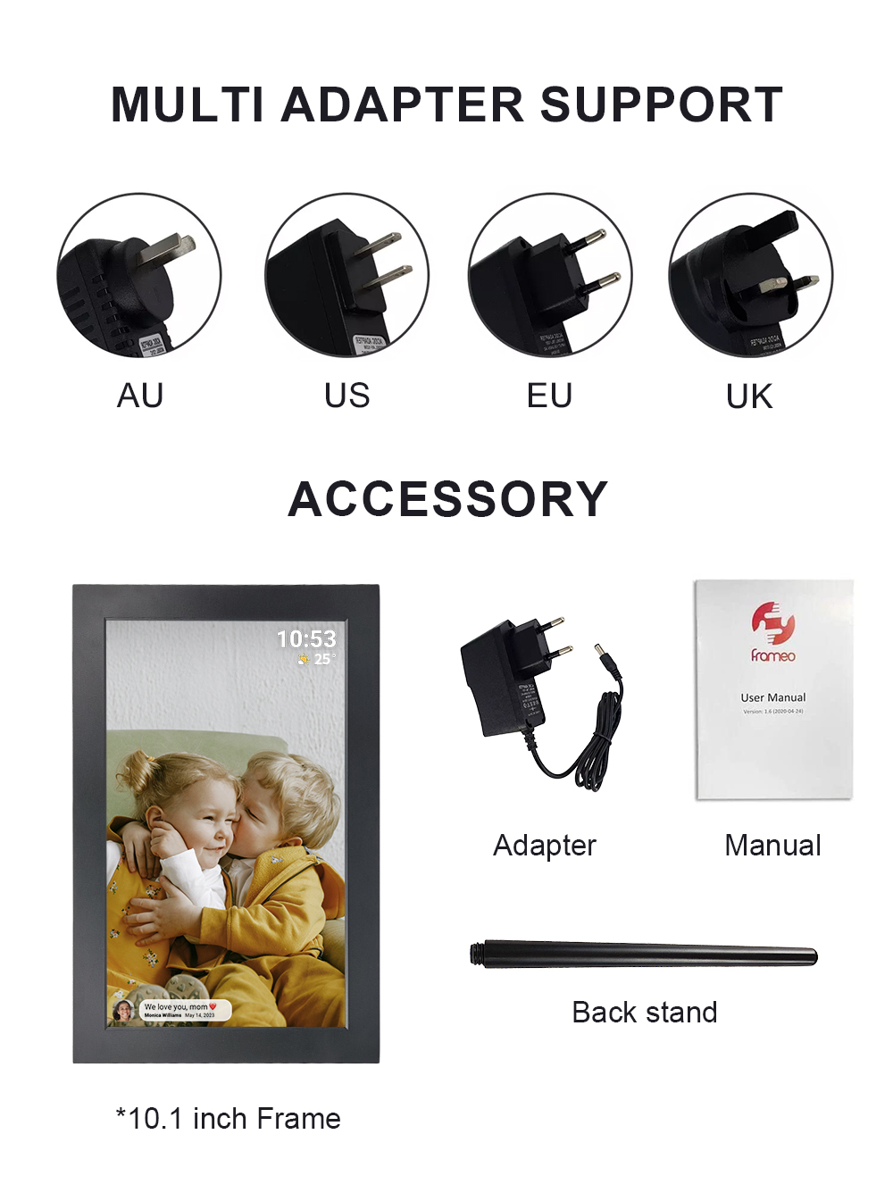 13.3 Inch IPS Panel Digital Photo Frames with USB2.0*1 Port and Plastic Material