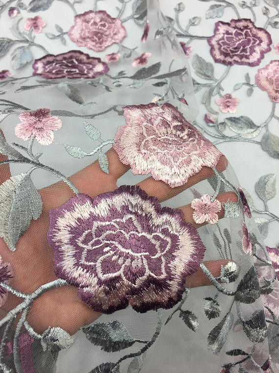 Floral Embroidered Mesh Lace Fabric , Embroidered Tulle Lace Fabric For Wedding Dress
