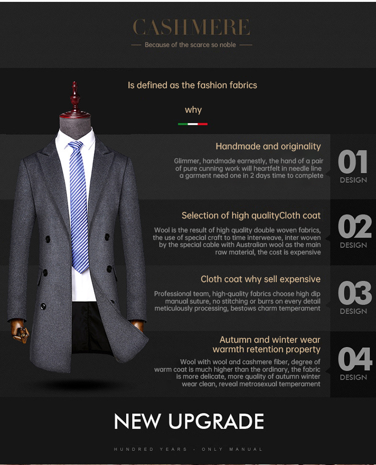 Business Casual Double-Breasted Men's Woolen Coat in Standard Thickness Canvas Fabric