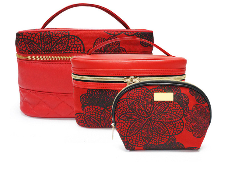 Pattern Printed PU Leather Women Travel Cosmetic Bag Set