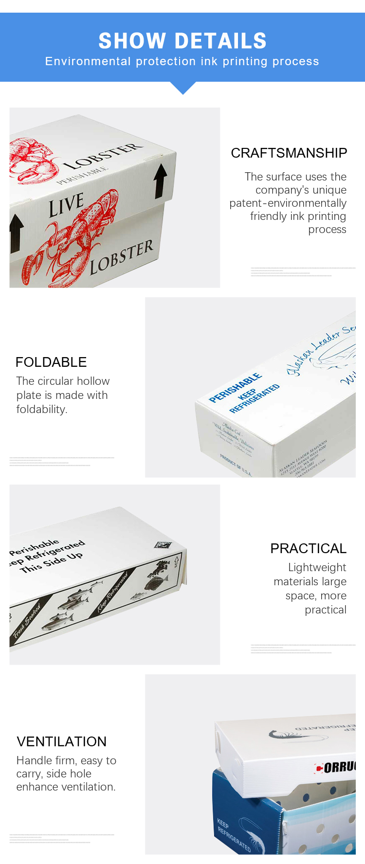 Corruone PP polypropylene 5 KG & 10 KG Custom Waterproof Frozen Meat or Seafood Packaging Boxes Corrugated plastic seafood box