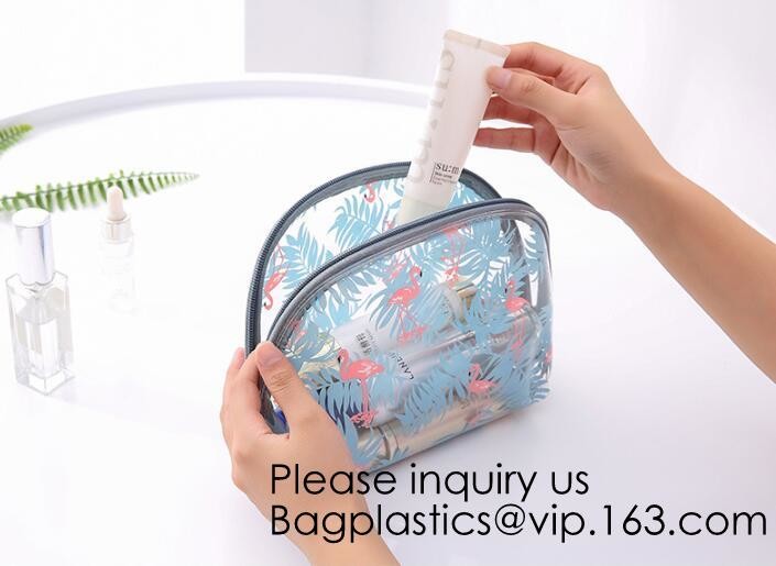 Clear Zipper Pouch with Strap Makeup Bag PVC Cosmetic Pouch,Printing Clear Zip lockk Cosmetic PVC Pouch, bagease, bagplast