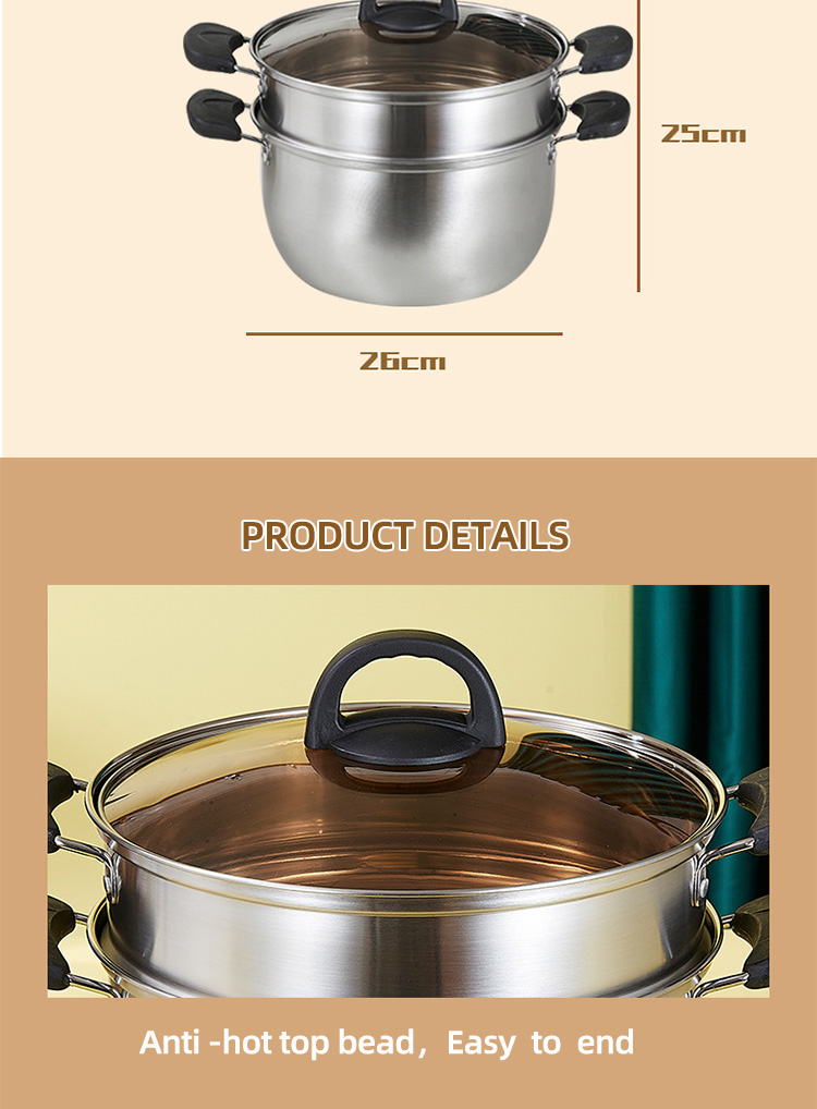 Factory Wholesale Two Layers Stainless Steel Saucepot Food Steamer Pots Circle Soup Pot With Glass Lid