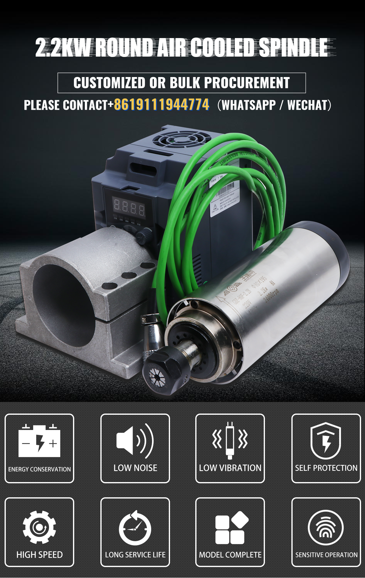 Motor Drive 2.2KW ER20 speed Air-cooled Spindle Kit for CNC Milling Machine Engraving