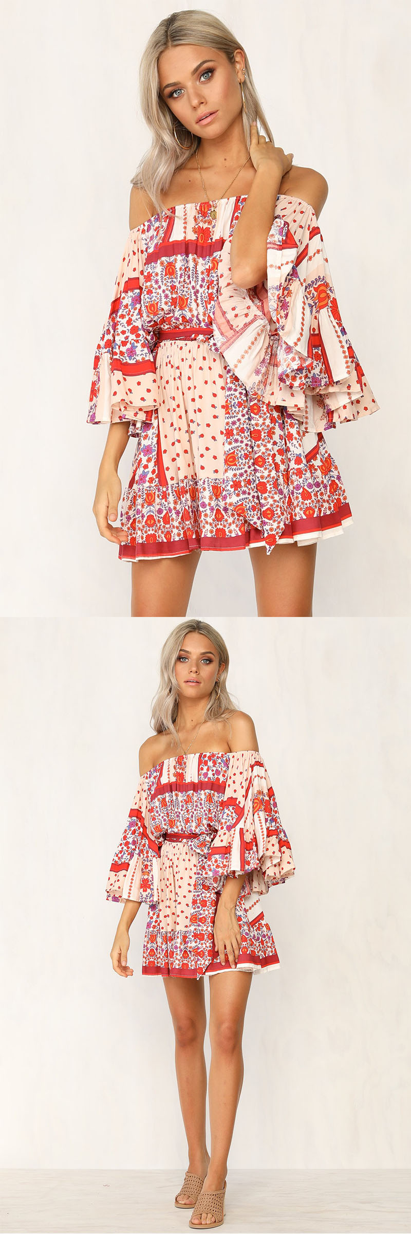 Summer Dresses Women Boho Printed Off Shoulder Mini Dress