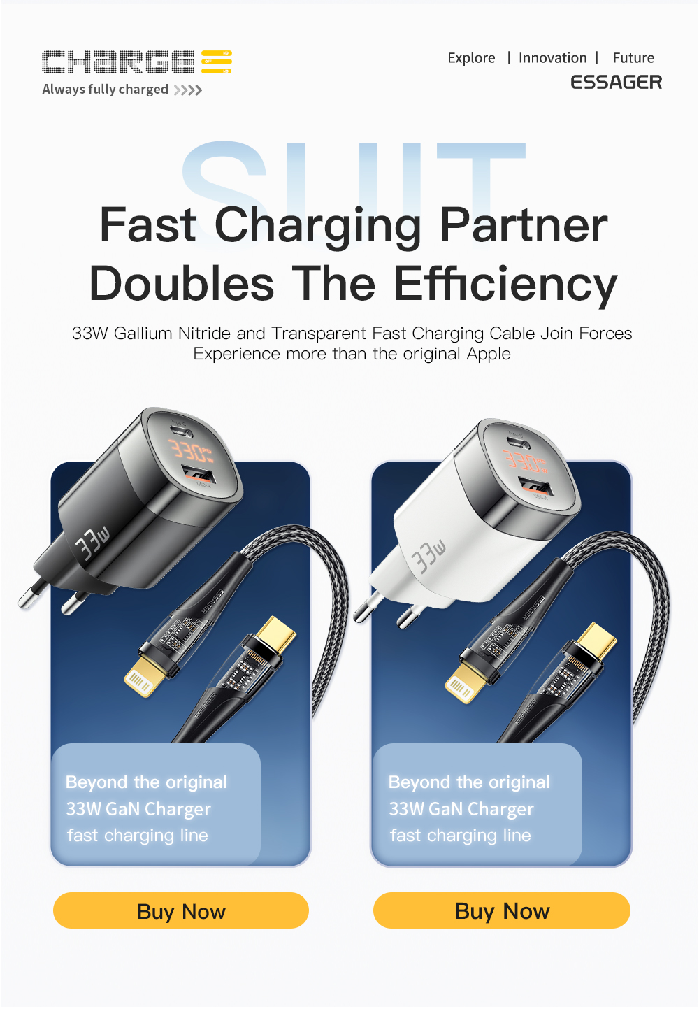 USB A Type C GaN Chargers Mini Fast Charging 33W With Cable EU Standard
