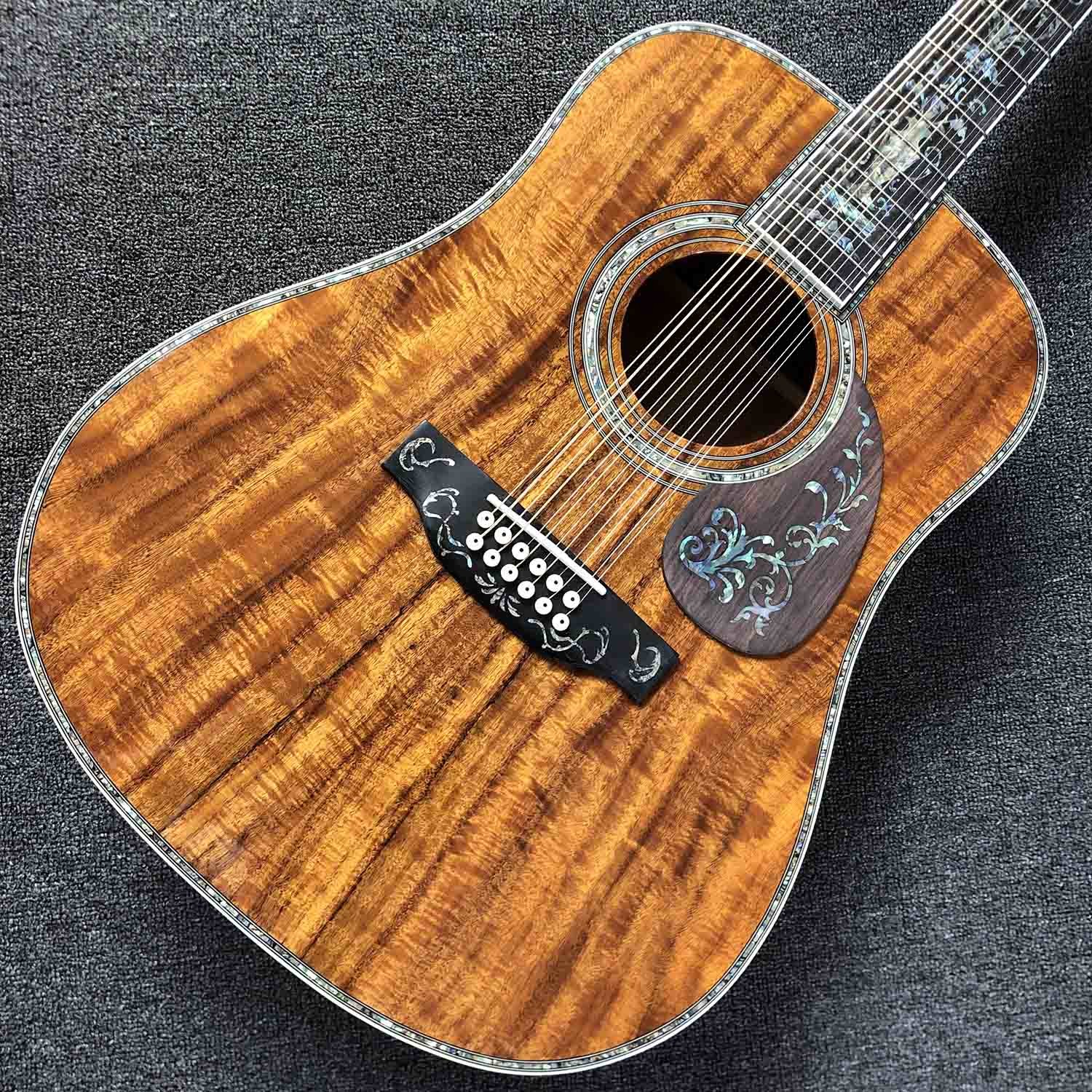 Custom 12 Strings Solid KOA Wood Top Guitar Ebony Fingerboard Real Abalone Shell Binding and Inlay Acoustic Electric Gui