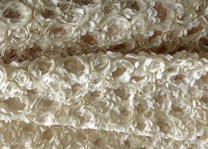 Romantic Champagne Rosette Sequin Lace Fabric , Nylon Bridal Mesh Fabric