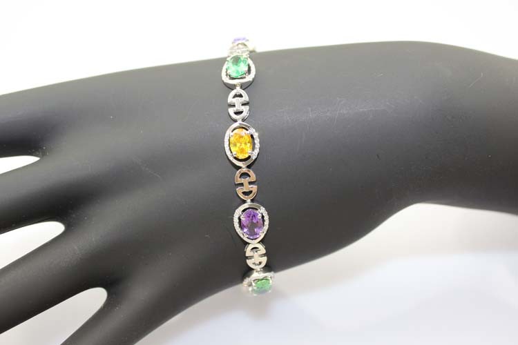 925 Sterling Silver Multicoloured Cubic Zircon Link Tennis Bracelet (H14)