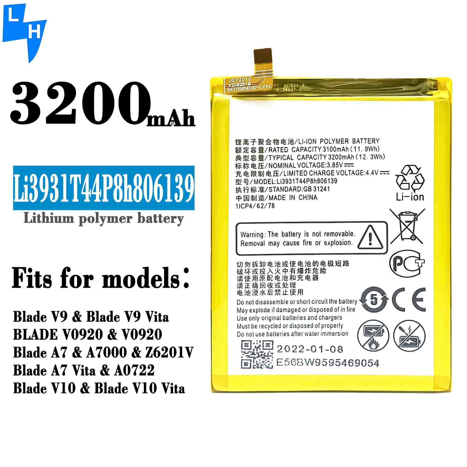 500pcs OEM Li3931T44P8h806139 Mobile Phone Battery for ZTE Blade V9 VITA V0920 Directly