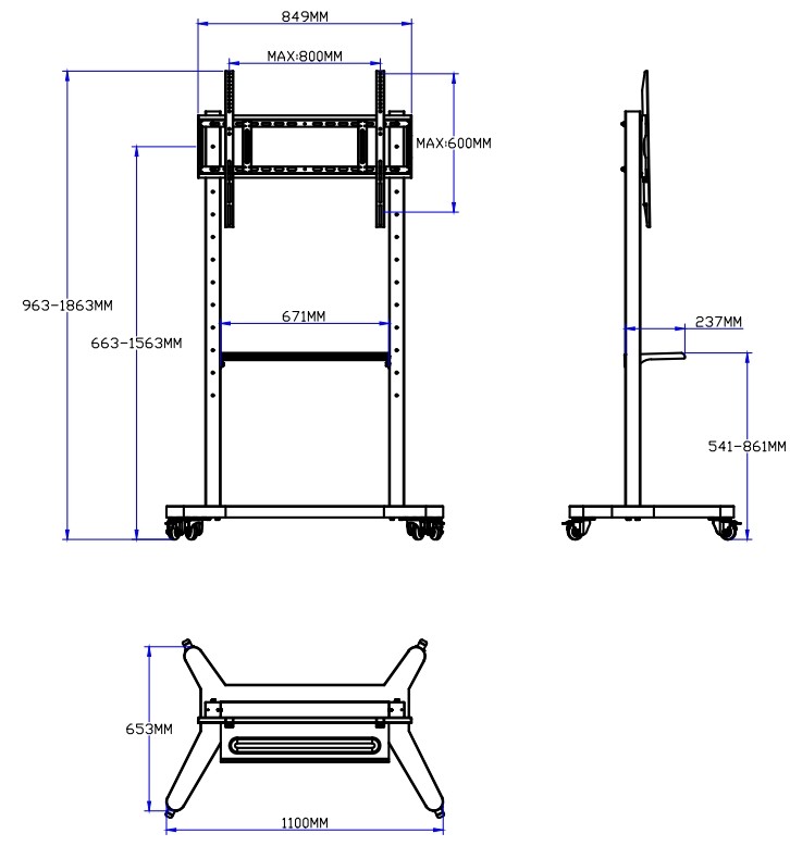 55"- 86" Adjustable Mobile TV Stand With Wheels, Compatibility For 43"-100" Flat/Curved Screens Up To 220 Lbs Steel Frame, 5 Height Options, Rolling