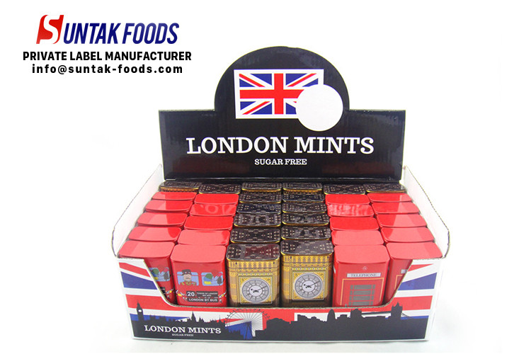 British Style Travel Sugar Free Mint Candy , Tin Box Triangle Shaped Candy