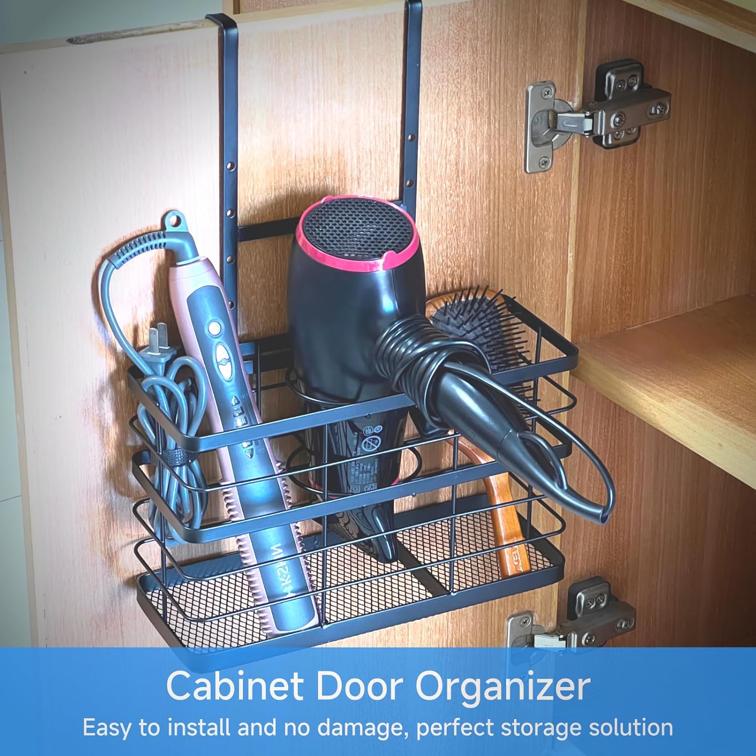 High Carbon Steel Wall Mounted Blow Dryer Holder for Under Sink Bathroom Organization