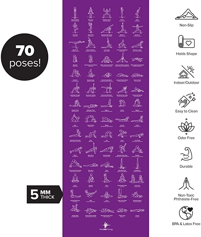24" X 68" Instructional Non Slip Eco Friendly 70 Printed Poses Yoga Mat for Men and Women