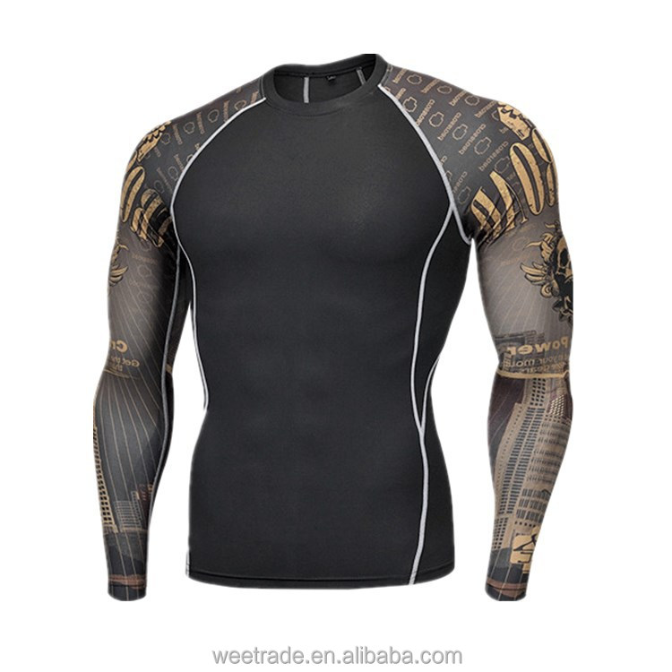 Tight printed stretch mens sports wear gym wear fitness black sports tshirt for men