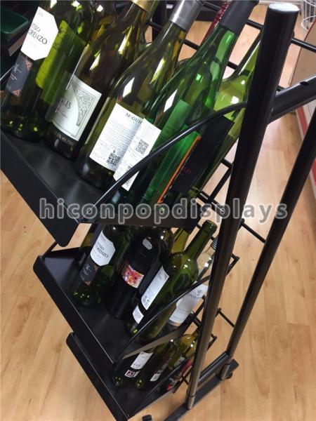 3 Shelves Mobile Soft Drink / Wine Display Stand Black Color With 4 Casters