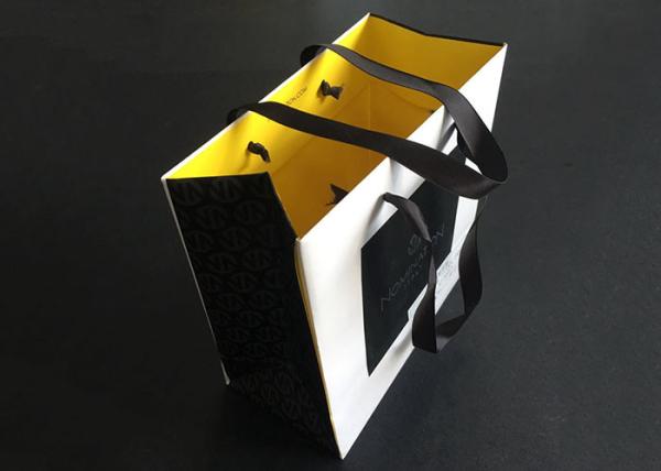 Ribbon Handle Gift Printed Paper Bags Carry White Black Inside Yellow Greaseproo