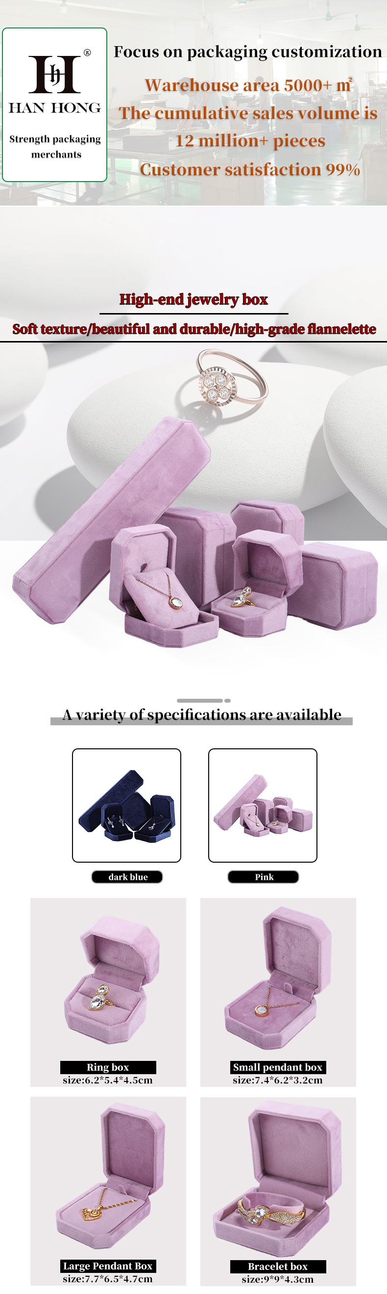Custom Logo Velvet Jewelry Box for Hanhong Pink Necklace Bracelet Ring Packaging