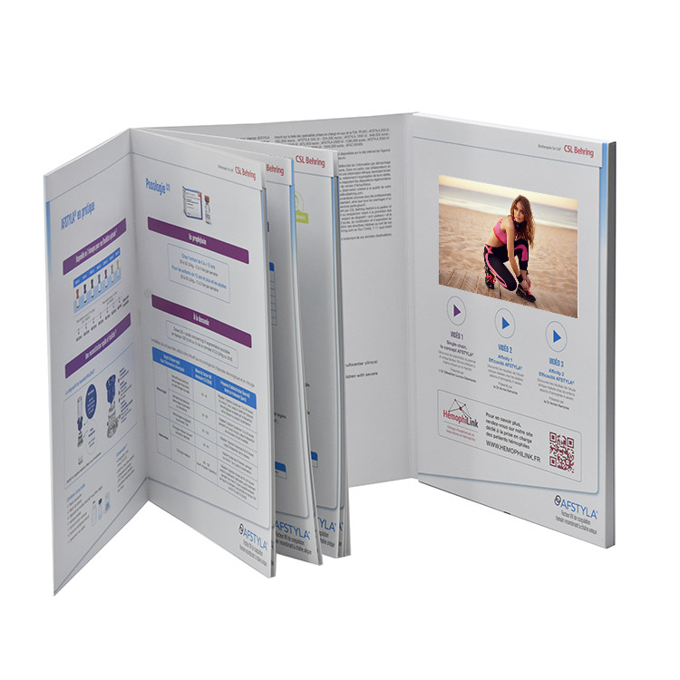 innovative design custom print lcd video book/7 inch video plus print for pharma marketing