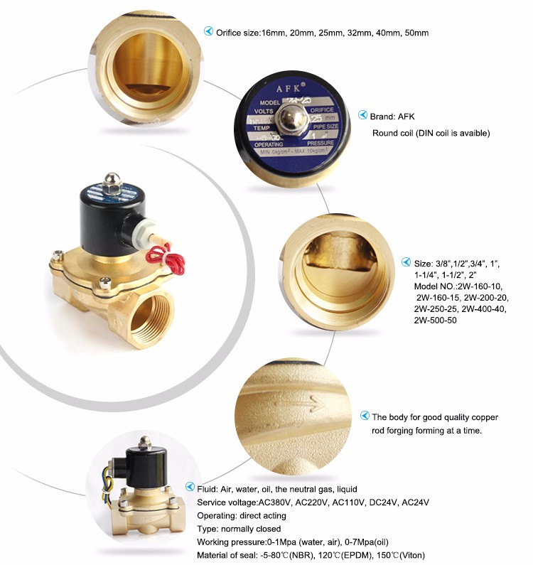 Low Pressure 10bar Direct Acting 1-1/4" Brass water Solenoid Valve 24v