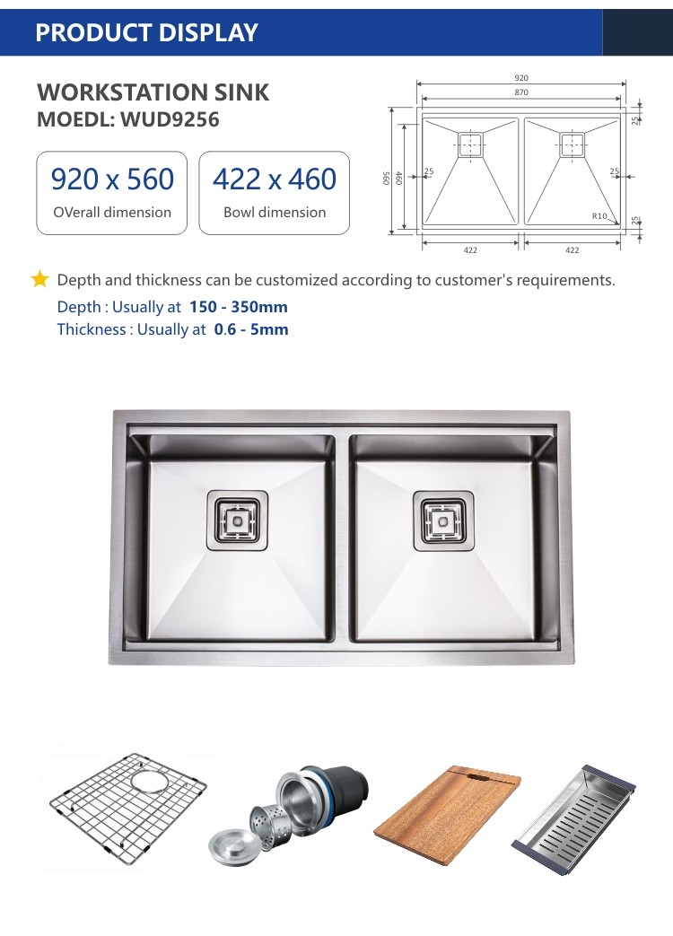 5mm Large Undermount Kitchen Sink Stainless Steel Drop In Double Bowl 92x56