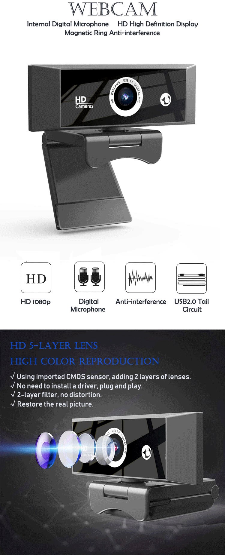 Autofocus 6Mega 1080p USB Webcam With Microphone Live Streaming