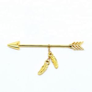  Gold plated arrow industrial piercing bars with feather dangle Manufactures
