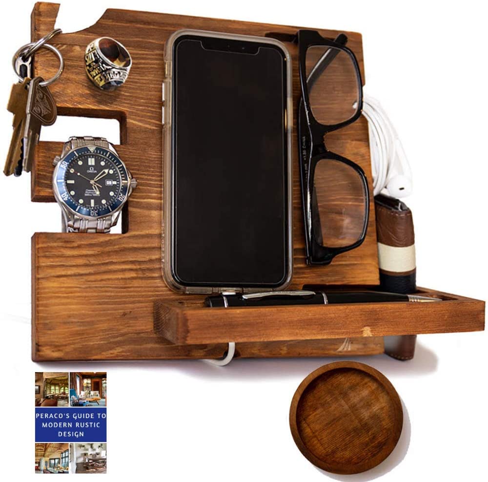 Wooden Docking Station for Men and Nightstand Organizer - Holds Phone Keys Watch Wallet Ring Pen Glasses Ring
