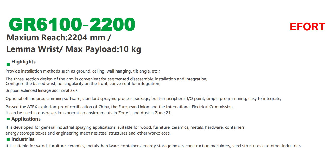 Painting robot for furniture, metal, hardware, GR6100-2200 payload 10kg reach 2204mm