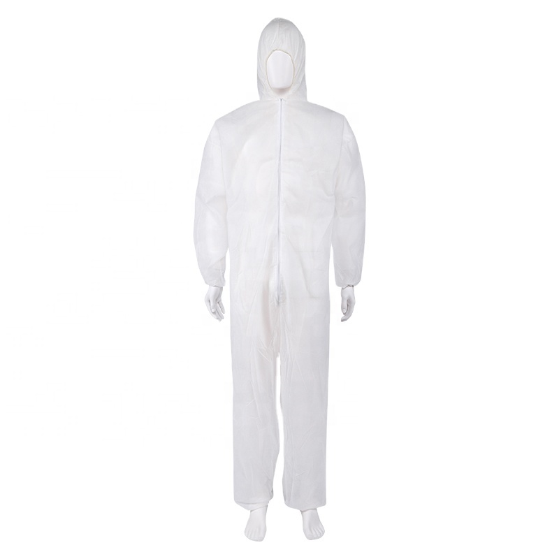 Disposable PP Coverall Single Layer Nonwoven Head to Ankle Coverage Basic Protection Front Zipper from Crotch with Elastic Hood