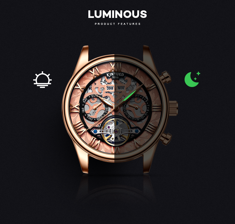 Genuine Leather Skeleton Mechanical Watch Gold Case Water Resistant