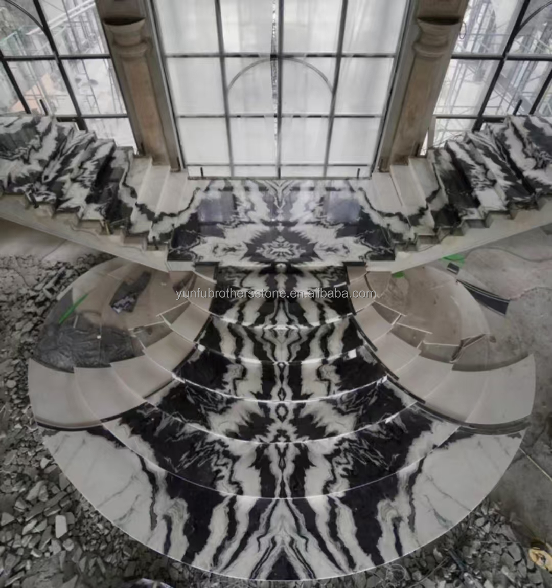 Polished Step Stairs Boards in Modern Panda White Marble for Home and Hotel Design