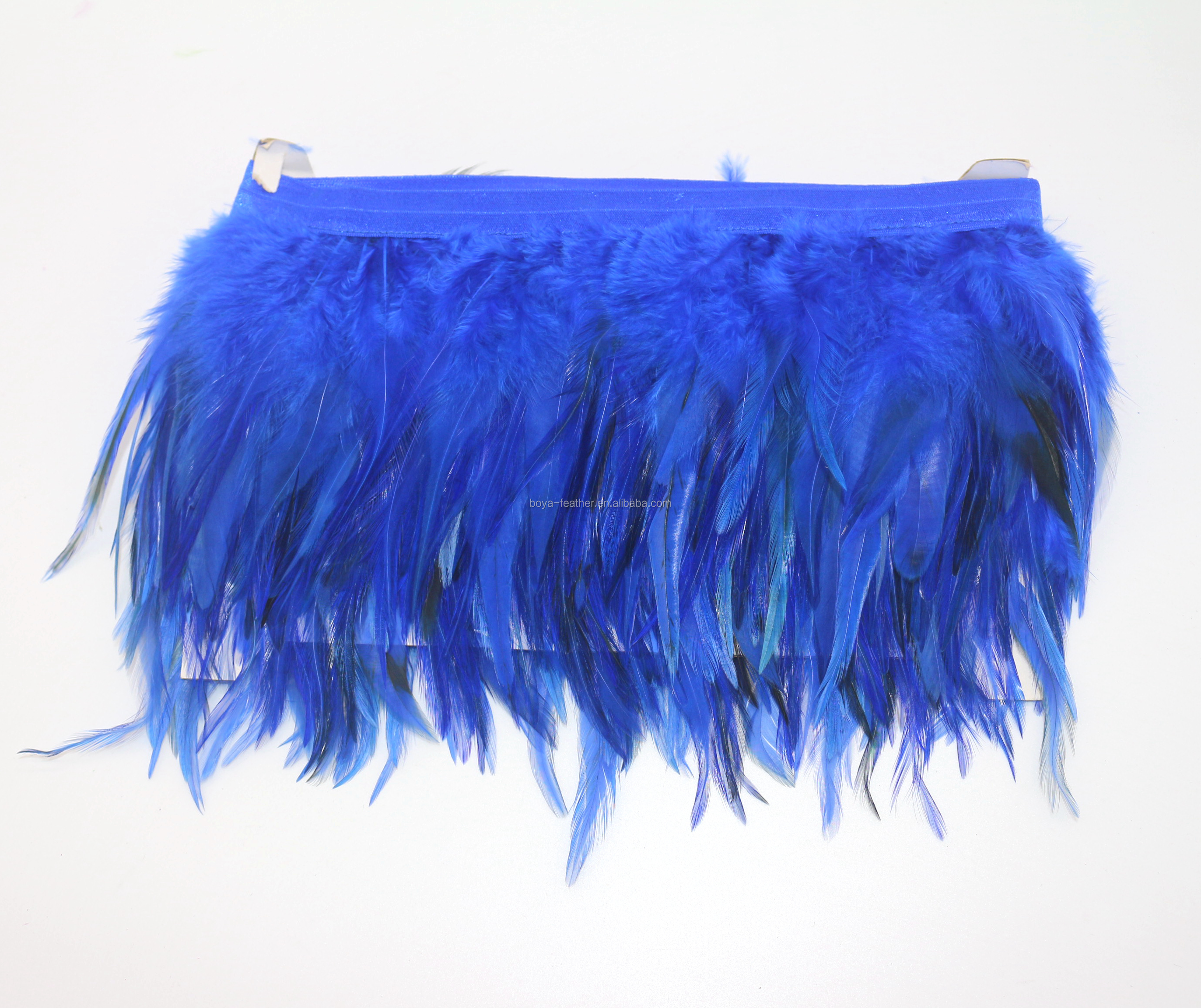 Stretch Saddle Hackle Feather Fringe Trimming with Satin Ribbon Tapes in Dyed Pattern