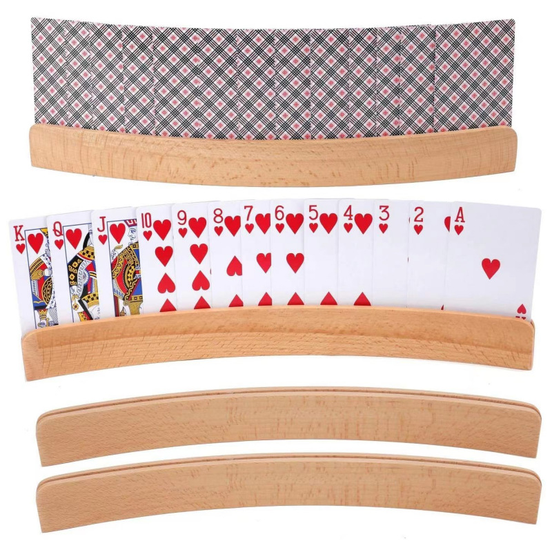 Wood Curved Playing Card Holder Racks Tray Set of 4 for Kids Seniors Adults - 13.4inch with Widen Base Stable Enough for for Bri