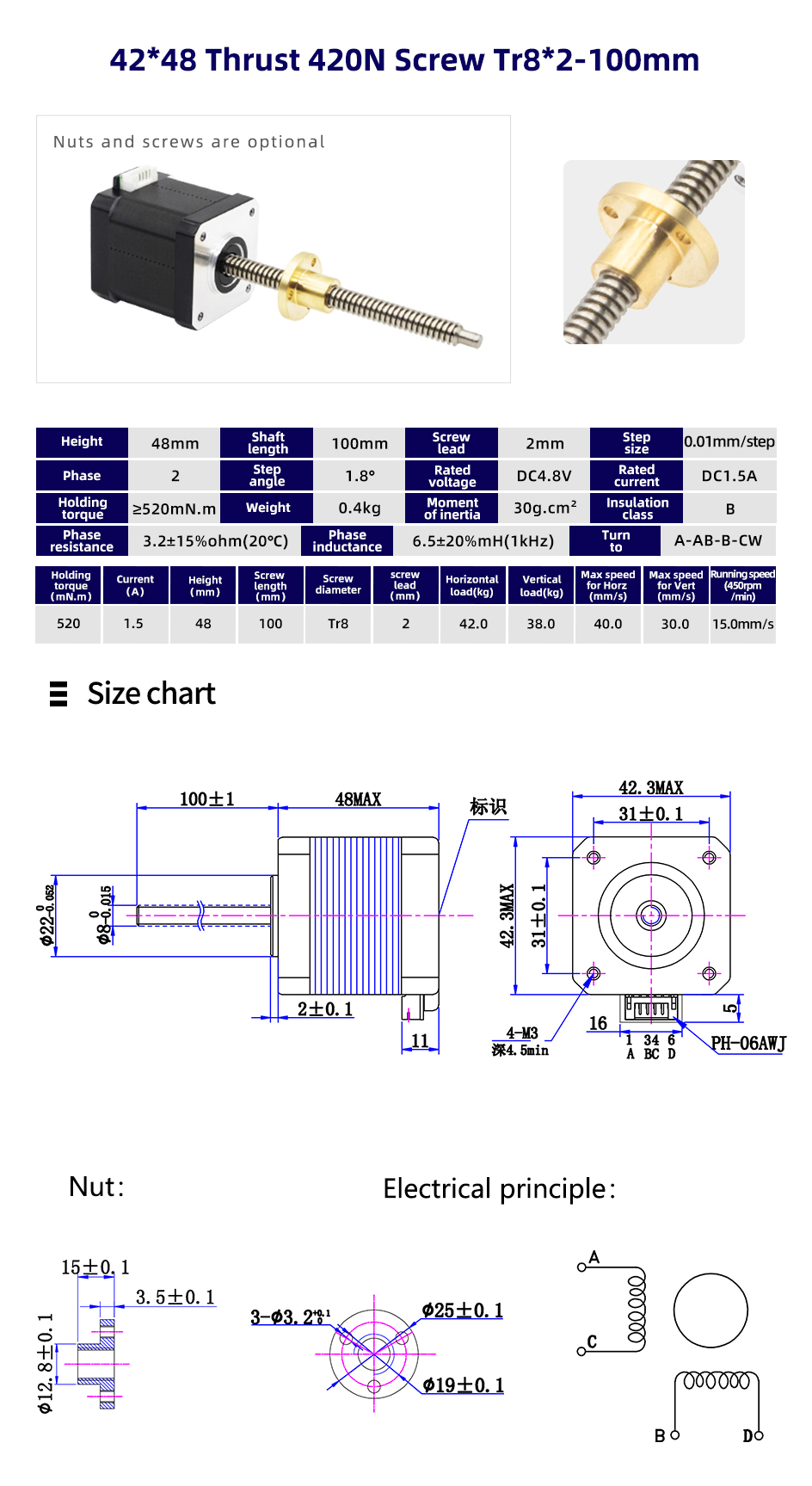 80 Degree Temperature Rise Linear Stepper Motor With Lead Screw for CNC Machines