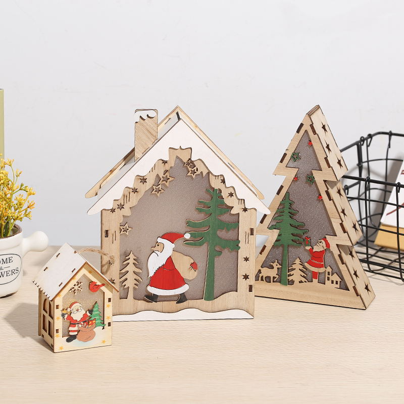 Christmas LED Light Wooden House Luminous Cabin Merry Christmas Decorations for Home Tree Ornaments Kids Gifts
