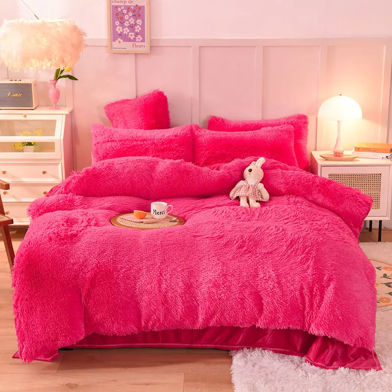Polyester Filling Bedding Set Solid Color Flannel Duvet Cover Flat Sheet Pillowcase Sets